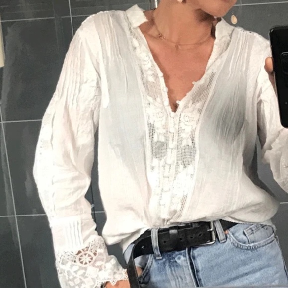 Boho White Button Down Lace Minimalist Blouse - Picture 4 of 8